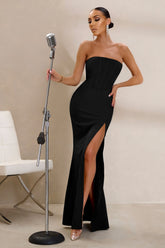 Black Bandeau Corset Thigh Split Maxi Dress